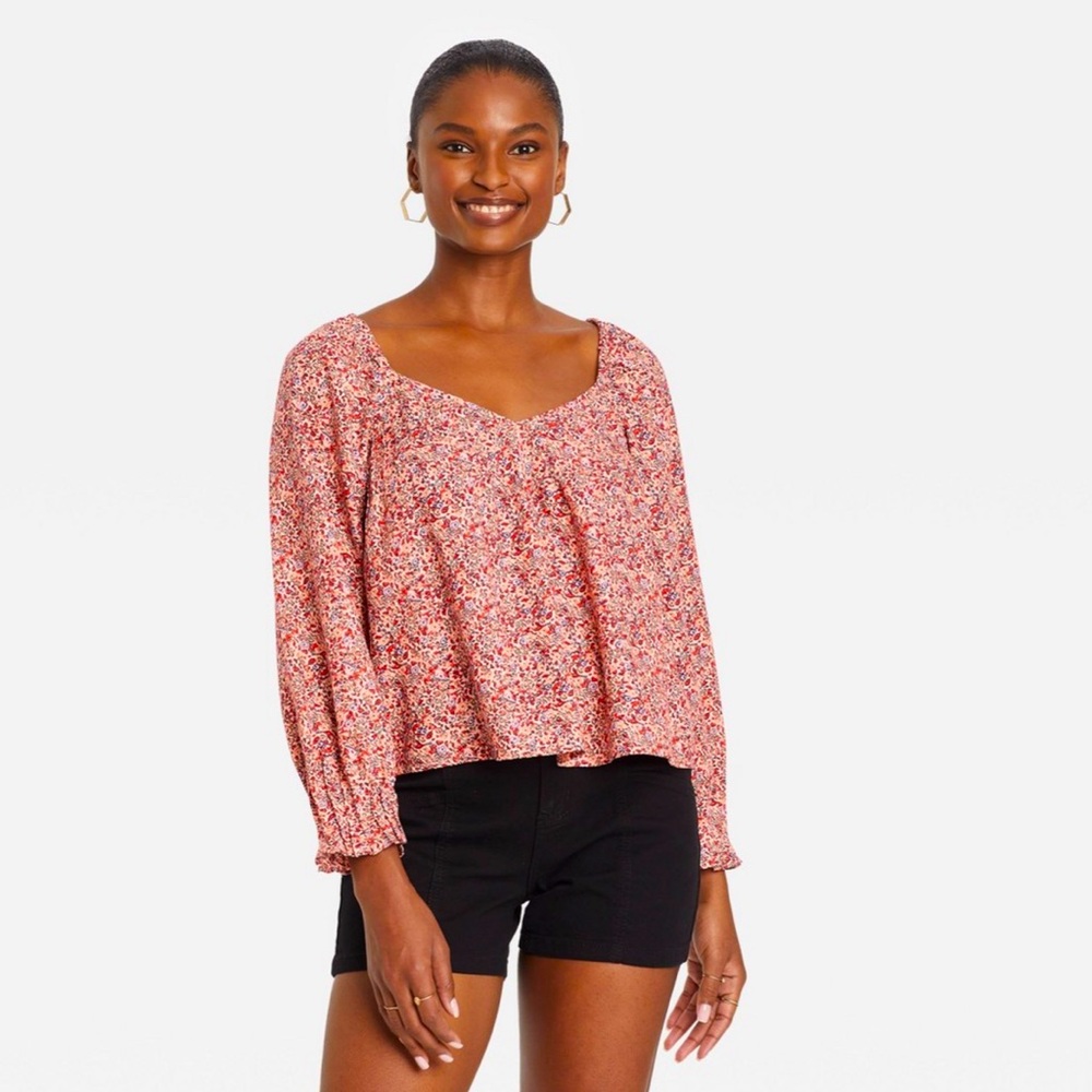 Universal Thread M Pintuck blouse baloon sleeve pink red floral